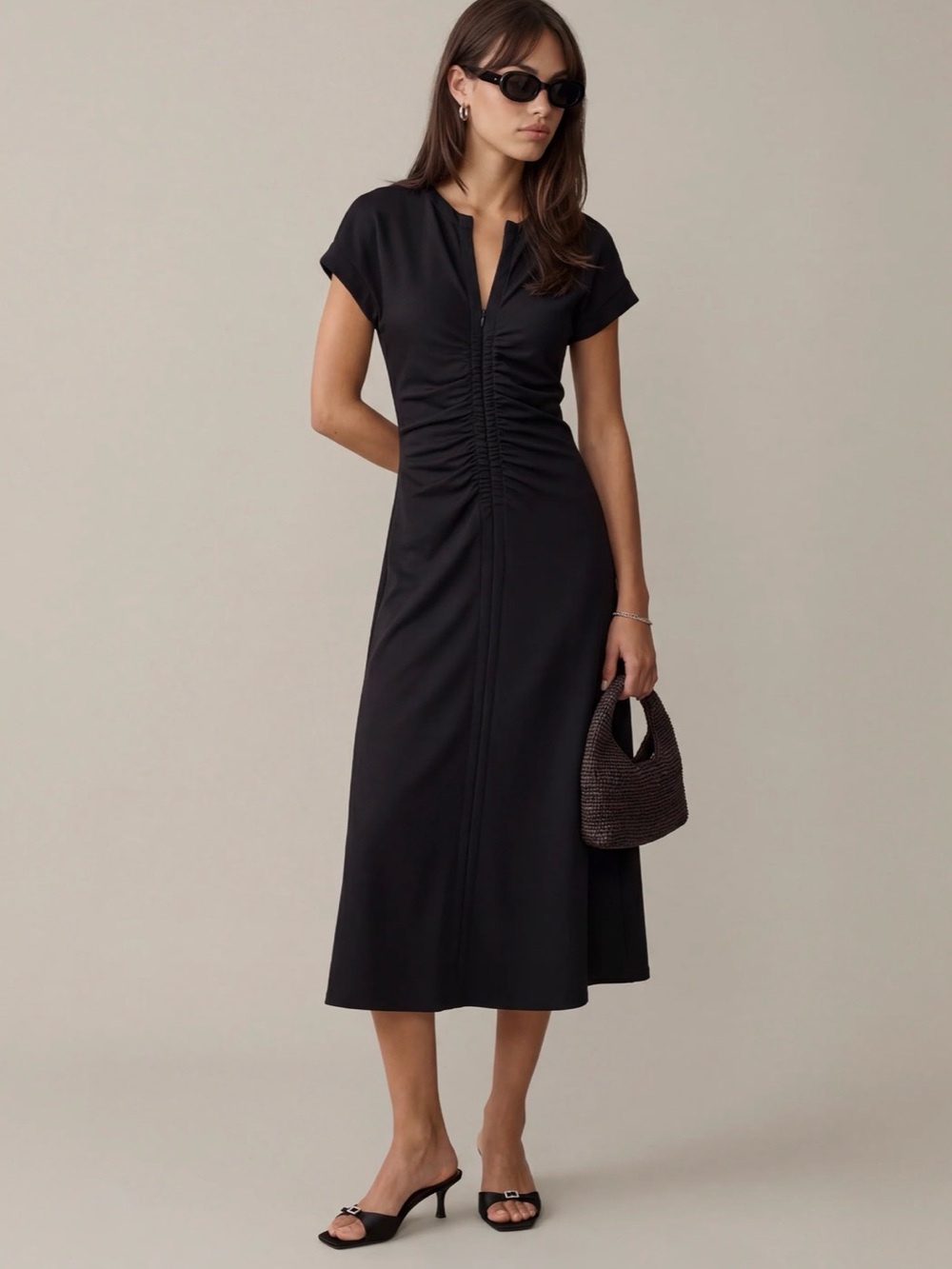 o.p.t. Roxy Ponte Knit Black Ruched Front Midi Dress